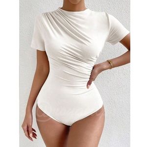 Ruched White Asymmetrical Short Sleeve Bodysuit  Stretchy